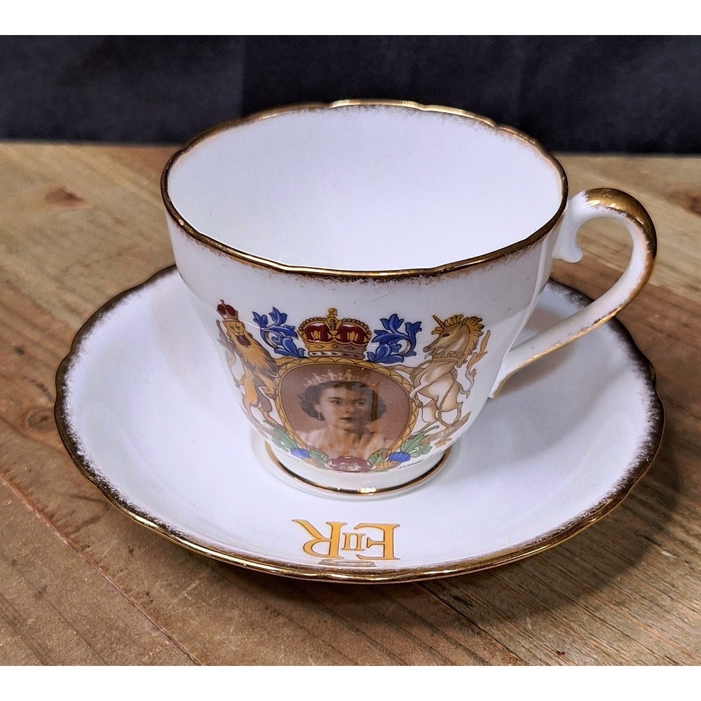 Vintage Queen Elizabeth II 1953 Coronation Tea Cup and Saucer Set Gold Trim